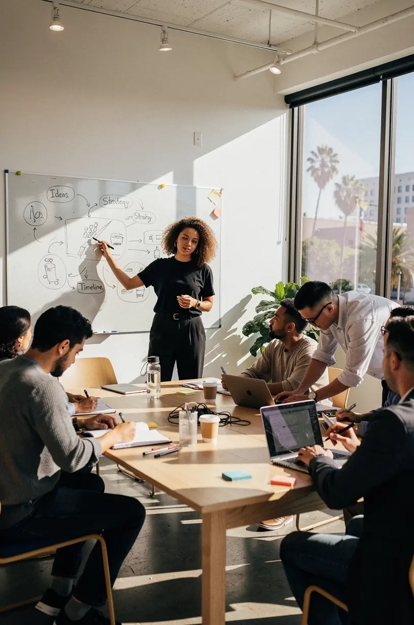 Workspace featuring a minimalist setup with a single monitor, notebook, and plant on the desk.